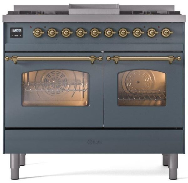 ILVE Nostalgie II 40" Dual Fuel Natural Gas Range in Blue Grey with Brass Trim, UPD40FNMPBGG - Image 3