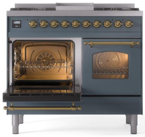 ILVE Nostalgie II 40" Dual Fuel Natural Gas Range in Blue Grey with Brass Trim, UPD40FNMPBGG - Image 4