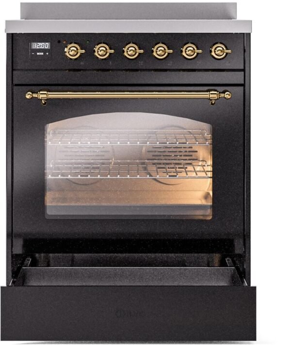 ILVE Nostalgie II 30" Induction Range with Element Stove and Electric Oven in Black with Brass Trim, UPI304NMPBKG - Image 4