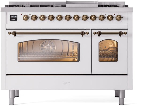 ILVE Nostalgie II 48" Dual Fuel Natural Gas Range in White with Bronze Trim, UP48FNMPWHB - Image 3