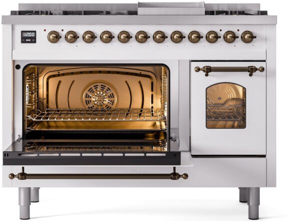 ILVE Nostalgie II 48" Dual Fuel Natural Gas Range in White with Bronze Trim, UP48FNMPWHB - Image 4