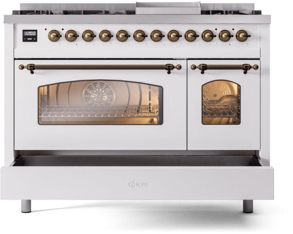 ILVE Nostalgie II 48" Dual Fuel Natural Gas Range in White with Bronze Trim, UP48FNMPWHB - Image 6