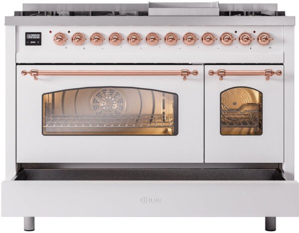 ILVE Nostalgie II 48" Dual Fuel Natural Gas Range in White with Copper Trim, UP48FNMPWHP - Image 6