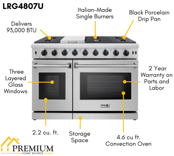 Thor Kitchen 48 in. 6.8 cu. ft. Double Oven Natural Gas Range in Stainless Steel, LRG4807U - Image 19