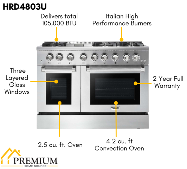 Thor Kitchen 48 in. Natural Gas Burner, Electric Oven 6.7 cu. ft. Range in Stainless Steel, HRD4803U - Image 8