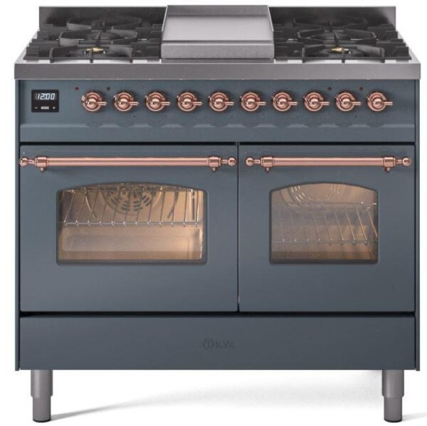 ILVE Nostalgie II 40" Dual Fuel Natural Gas Range in Blue Grey with Copper Trim, UPD40FNMPBGP