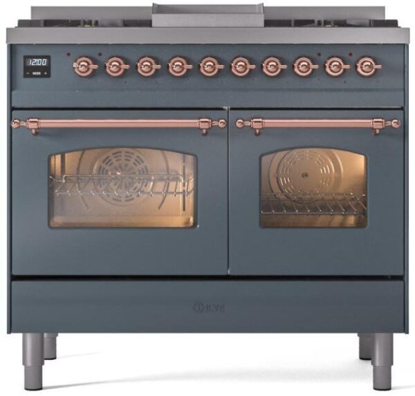 ILVE Nostalgie II 40" Dual Fuel Natural Gas Range in Blue Grey with Copper Trim, UPD40FNMPBGP - Image 3