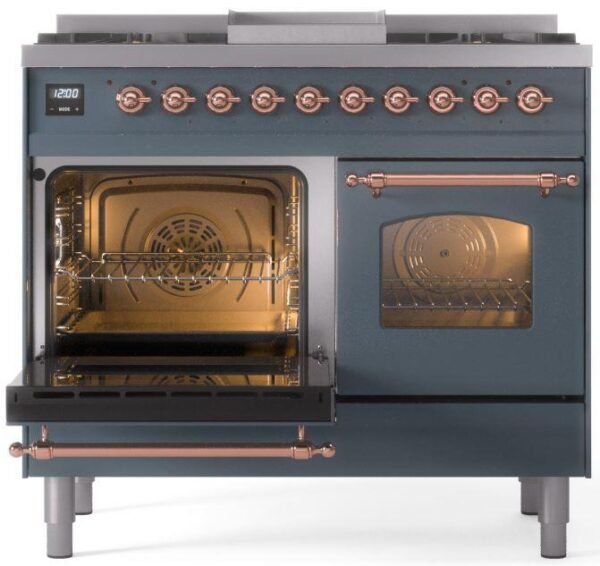 ILVE Nostalgie II 40" Dual Fuel Natural Gas Range in Blue Grey with Copper Trim, UPD40FNMPBGP - Image 4