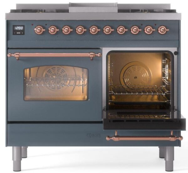 ILVE Nostalgie II 40" Dual Fuel Natural Gas Range in Blue Grey with Copper Trim, UPD40FNMPBGP - Image 5