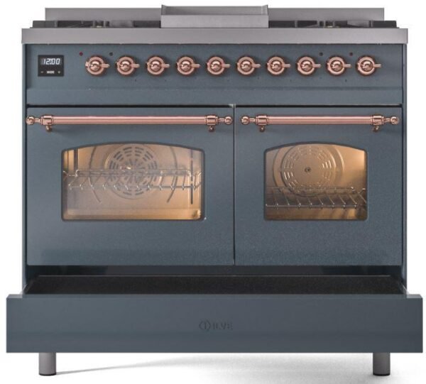 ILVE Nostalgie II 40" Dual Fuel Natural Gas Range in Blue Grey with Copper Trim, UPD40FNMPBGP - Image 6