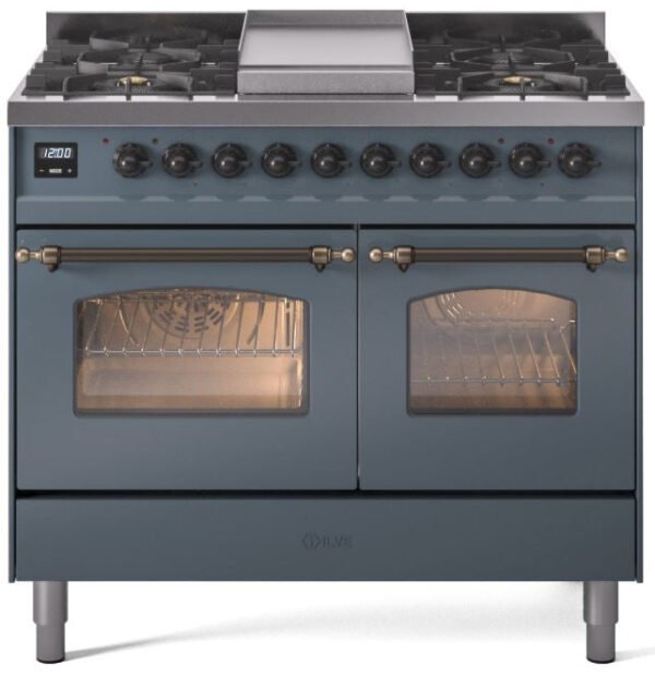 ILVE Nostalgie II 40" Dual Fuel Natural Gas Range in Blue Grey with Bronze Trim, UPD40FNMPBGB